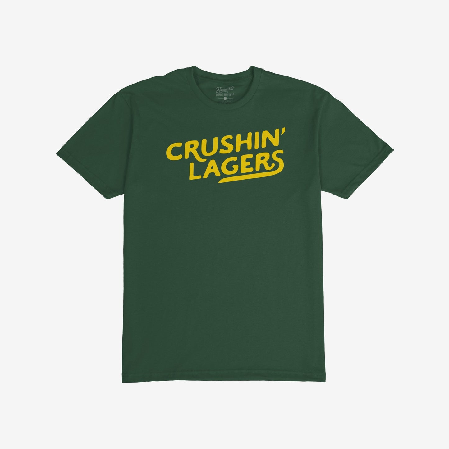 Crushin' Lagers T-shirt features bold yellow text on a dark green short-sleeve tee, embodying a laid-back, anti-pretentious beer-loving vibe, perfect for champions of straightforward refreshment.
