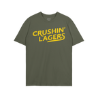 Crushin' Lagers T-shirt features bold yellow text on a dark green short-sleeve tee, embodying a laid-back, anti-pretentious b