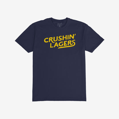 Crushin' Lagers T-shirt featuring a bold yellow CRUSHIN’ LAGERS graphic, embodying a carefree, beer-loving lifestyle. Perfect for those who embrace straightforward enjoyment over complexity.