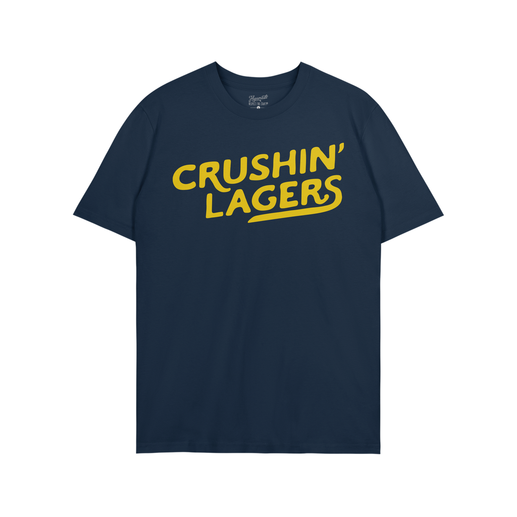 Crushin' Lagers T-shirt featuring a bold yellow CRUSHIN’ LAGERS graphic, embodying a carefree, beer-loving lifestyle. Perfe