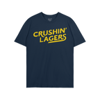 Crushin' Lagers T-shirt featuring a bold yellow CRUSHIN’ LAGERS graphic, embodying a carefree, beer-loving lifestyle. Perfe