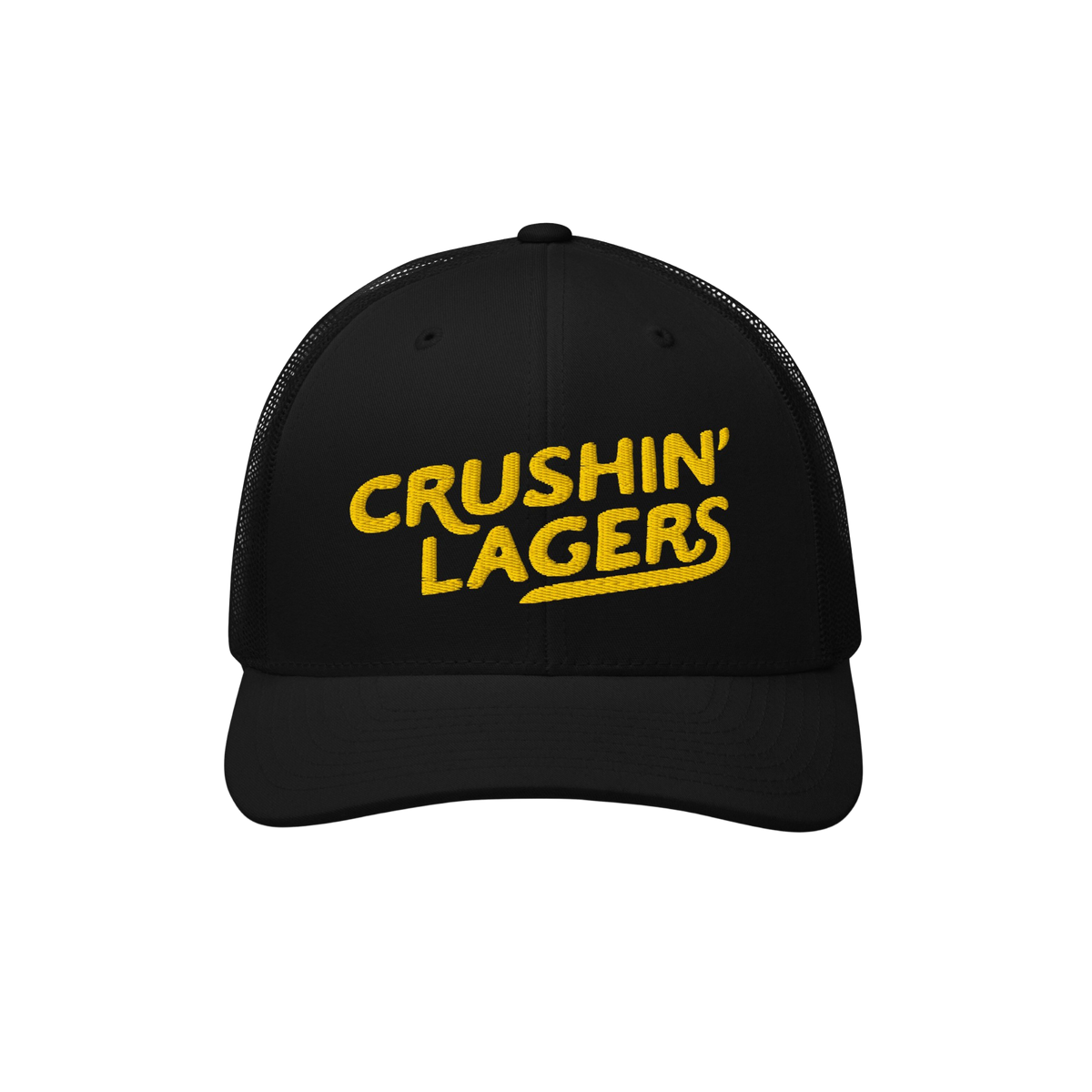 Crushin' Lagers Hat features a black mesh-back trucker design with bold yellow embroidery, curved visor, and snapback closure