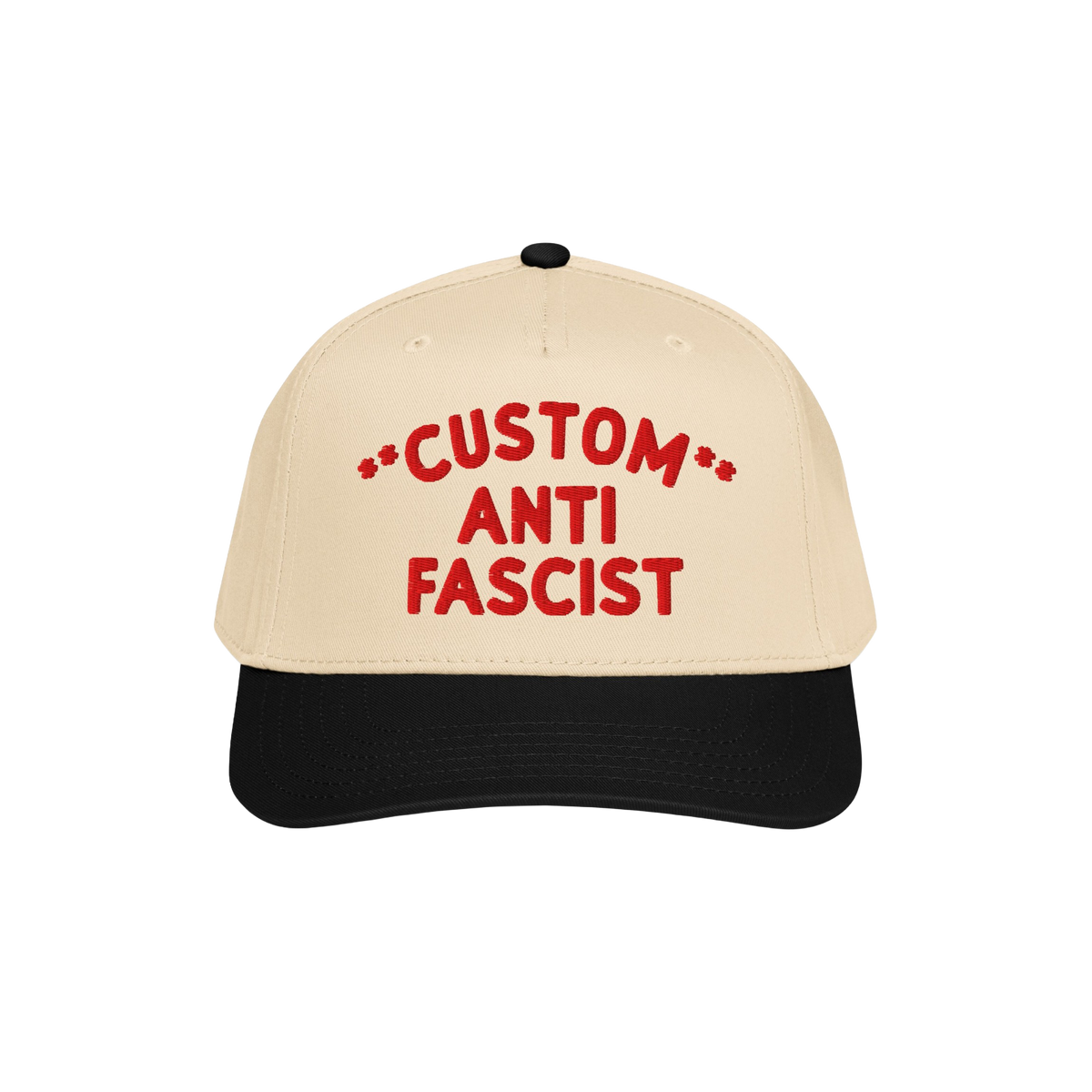 Two-tone cap with a beige crown and black bill, featuring bold red embroidery, CUSTOM ANTI FASCIST, showcasing the Custom Ant
