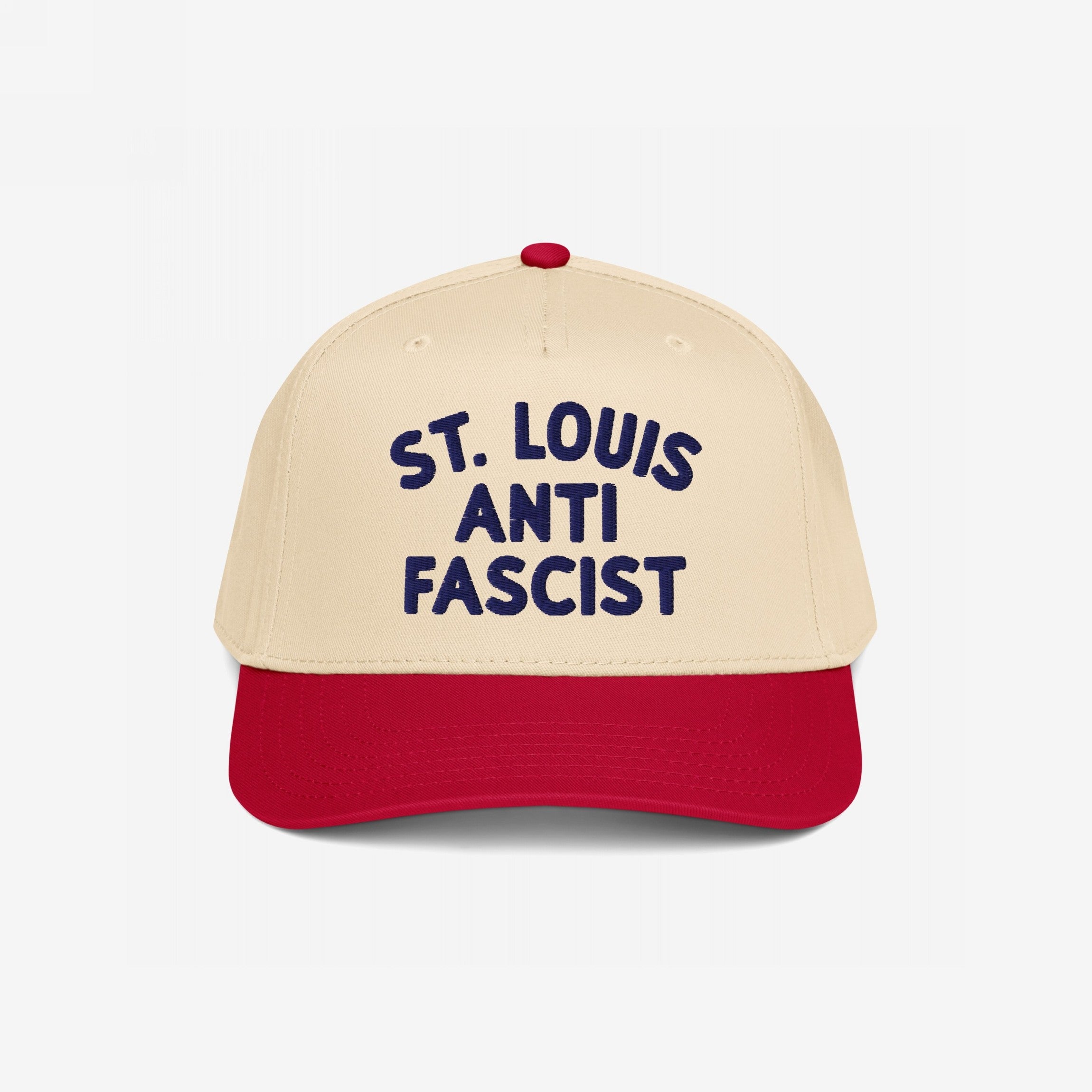 Custom Anti-Fascist 5-Panel Hat featuring a light beige crown with bold dark blue ST. LOUIS ANTI FASCIST text, red bill, and top button; adjustable snapback closure for personalized activism.
