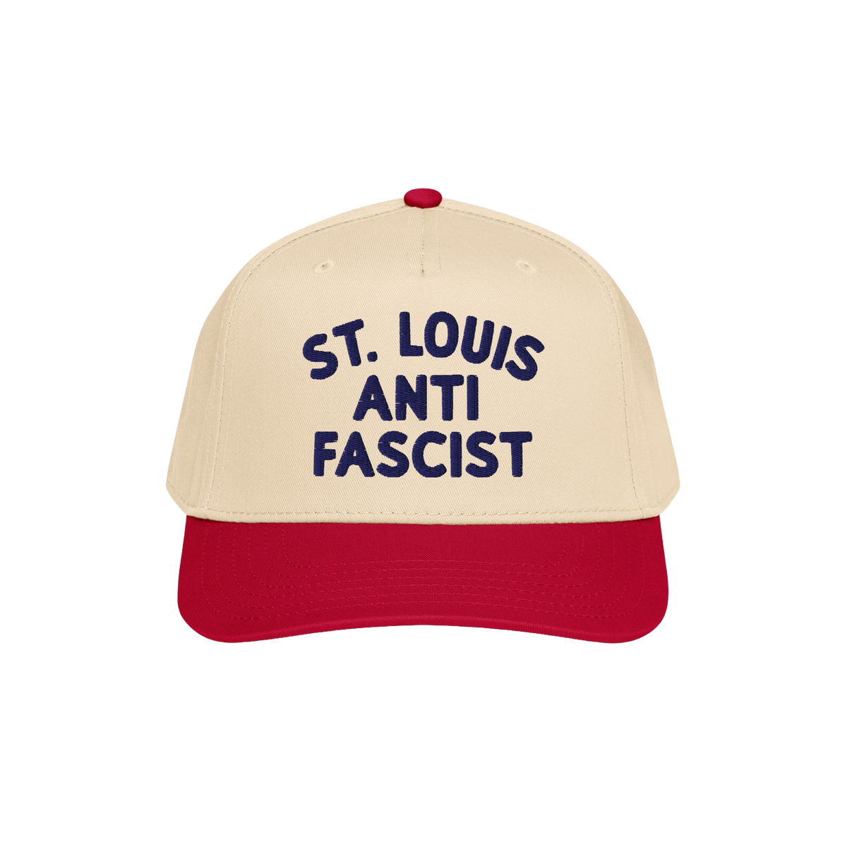 Custom Anti-Fascist 5-Panel Hat featuring a light beige crown with bold dark blue ST. LOUIS ANTI FASCIST text, red bill, and 