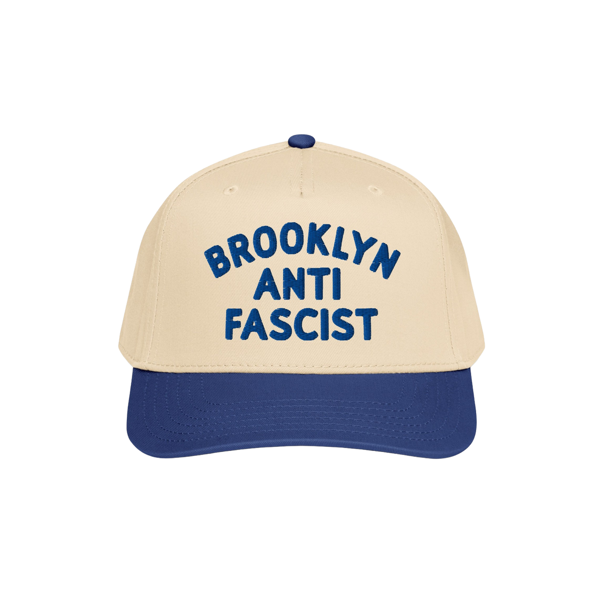 Custom Anti-Fascist 5-Panel Hat with a beige crown and navy brim features bold blue BROOKLYN ANTI FASCIST embroidery, offerin