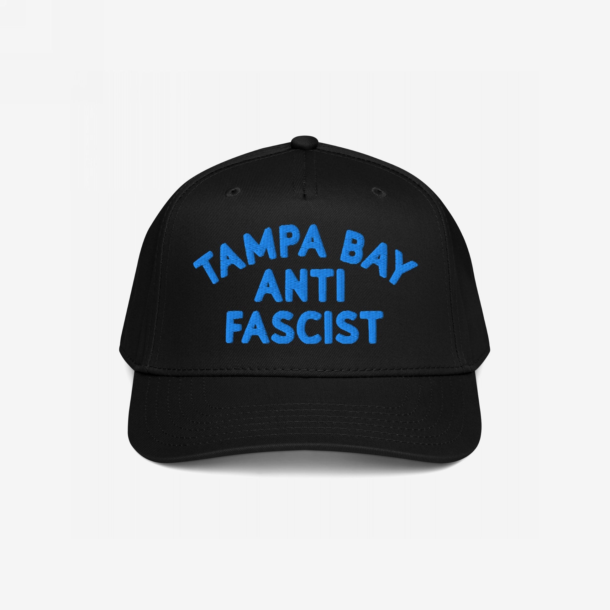 Custom Anti-Fascist 5-Panel Hat featuring bold blue TAMPA BAY ANTI FASCIST embroidery on the front, showcasing a structured design with a semi-curved visor and adjustable snapback for a comfortable, statement-making fit.