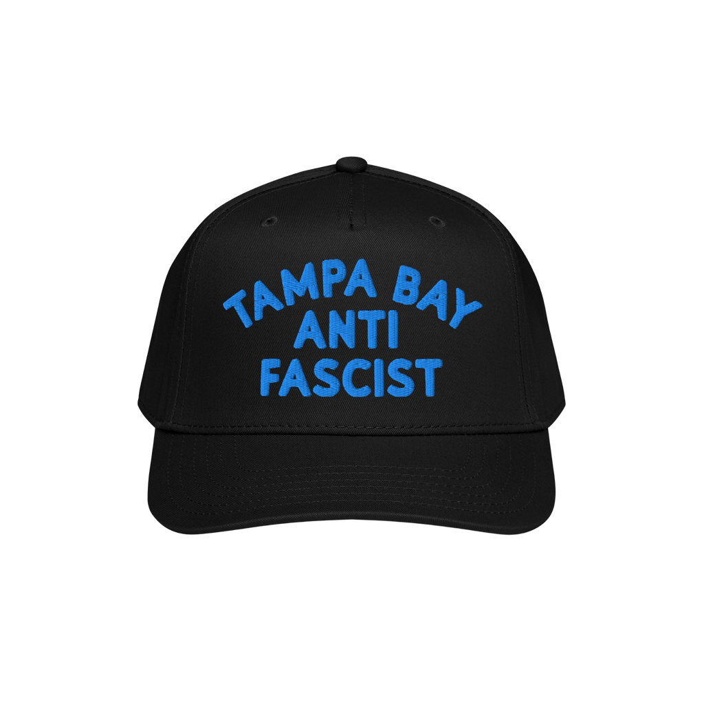 Custom Anti-Fascist 5-Panel Hat featuring bold blue TAMPA BAY ANTI FASCIST embroidery on the front, showcasing a structured d