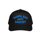 Custom Anti-Fascist 5-Panel Hat featuring bold blue TAMPA BAY ANTI FASCIST embroidery on the front, showcasing a structured d