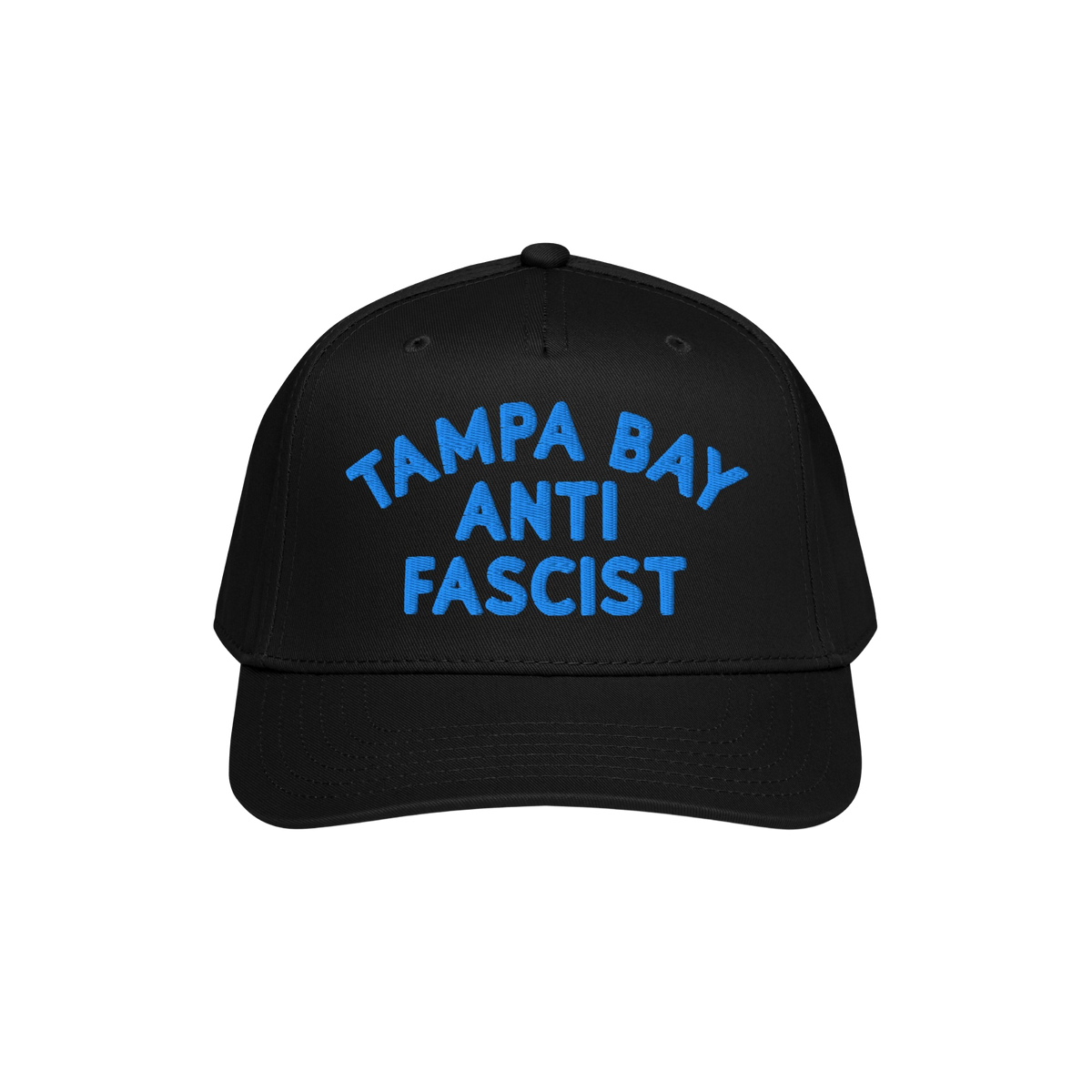 Custom Anti-Fascist 5-Panel Hat featuring bold blue TAMPA BAY ANTI FASCIST embroidery on the front, showcasing a structured d