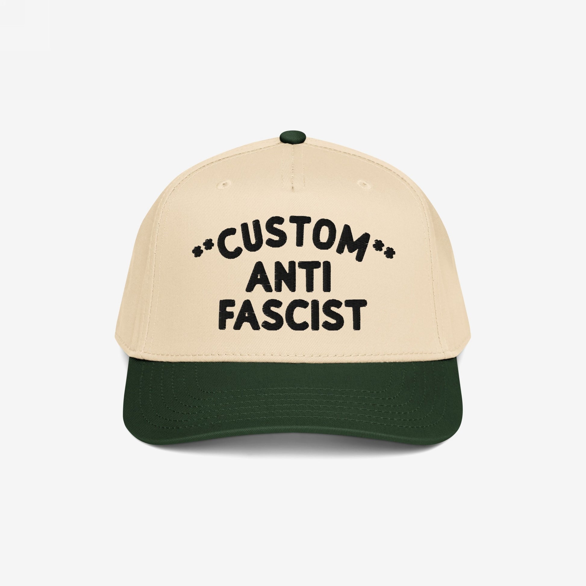 Custom Anti-Fascist 5-Panel Hat with a beige crown and green brim, featuring bold black embroidered text. Perfect for expressing your activism with customizable options for a personal touch.