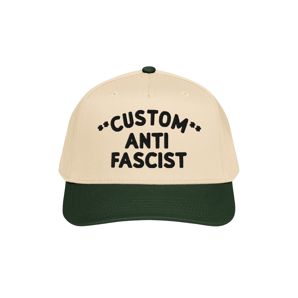 Custom Anti-Fascist 5-Panel Hat with a beige crown and green brim, featuring bold black embroidered text. Perfect for express