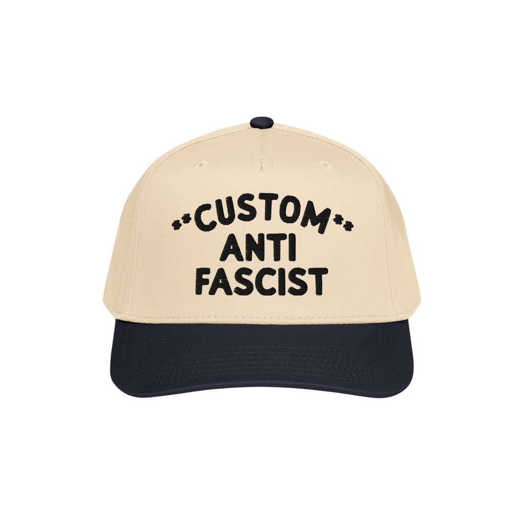 Custom Anti-Fascist 5-Panel Hat with light beige crown and navy bill, featuring bold black embroidered text and decorative as