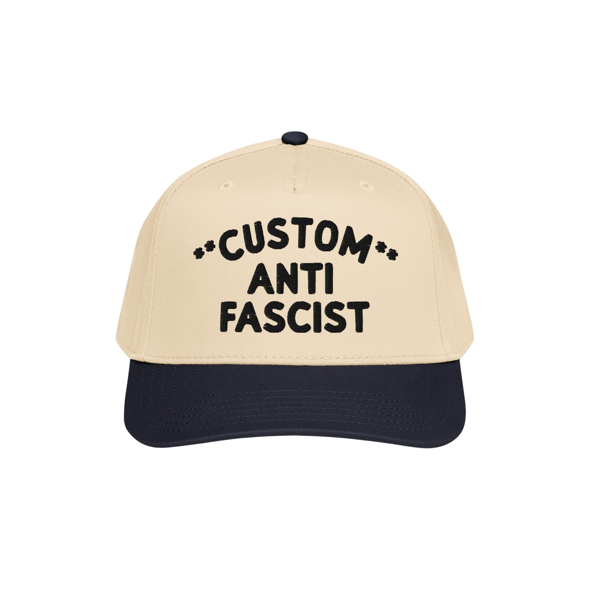 Custom Anti-Fascist 5-Panel Hat with light beige crown and navy bill, featuring bold black embroidered text and decorative as
