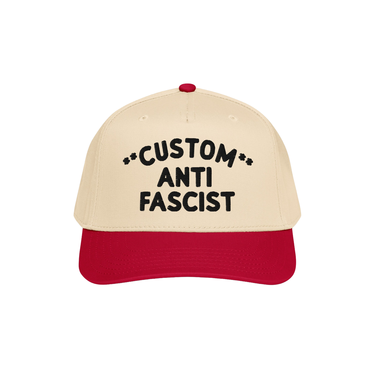 Custom Anti-Fascist 5-Panel Hat with beige crown and red bill, featuring bold black CUSTOM ANTI FASCIST embroidery, symbolizi