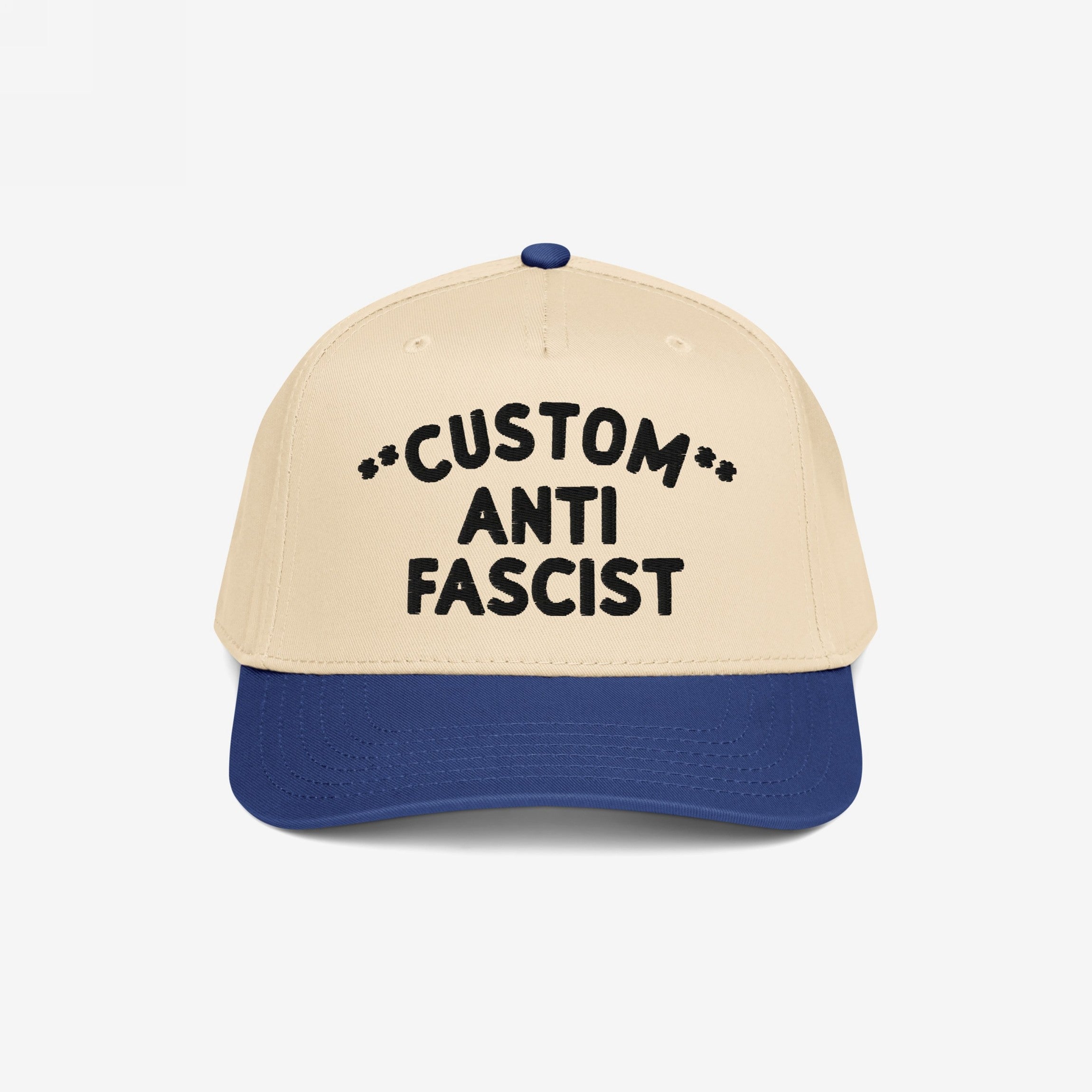 Custom Anti-Fascist 5-Panel Hat with CUSTOM ANTI FASCIST embroidered on the front. Featuring a structured design with a semi-curved visor and adjustable snapback, perfect for activism and daily wear.