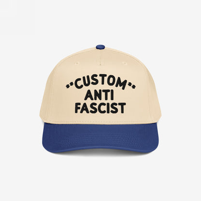 Custom Anti-Fascist 5-Panel Hat with CUSTOM ANTI FASCIST embroidered on the front. Featuring a structured design with a semi-curved visor and adjustable snapback, perfect for activism and daily wear.