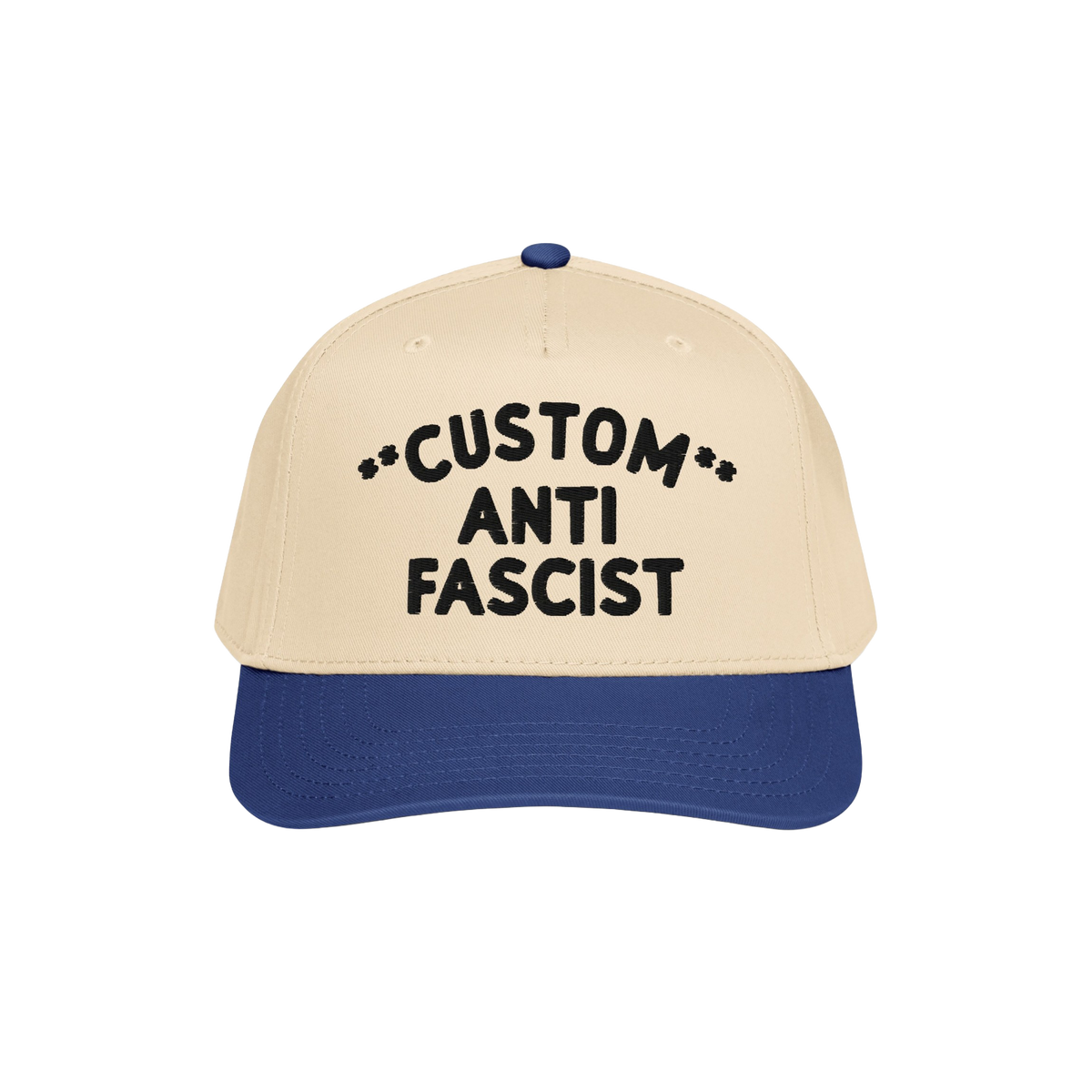 Custom Anti-Fascist 5-Panel Hat with CUSTOM ANTI FASCIST embroidered on the front. Featuring a structured design with a semi-