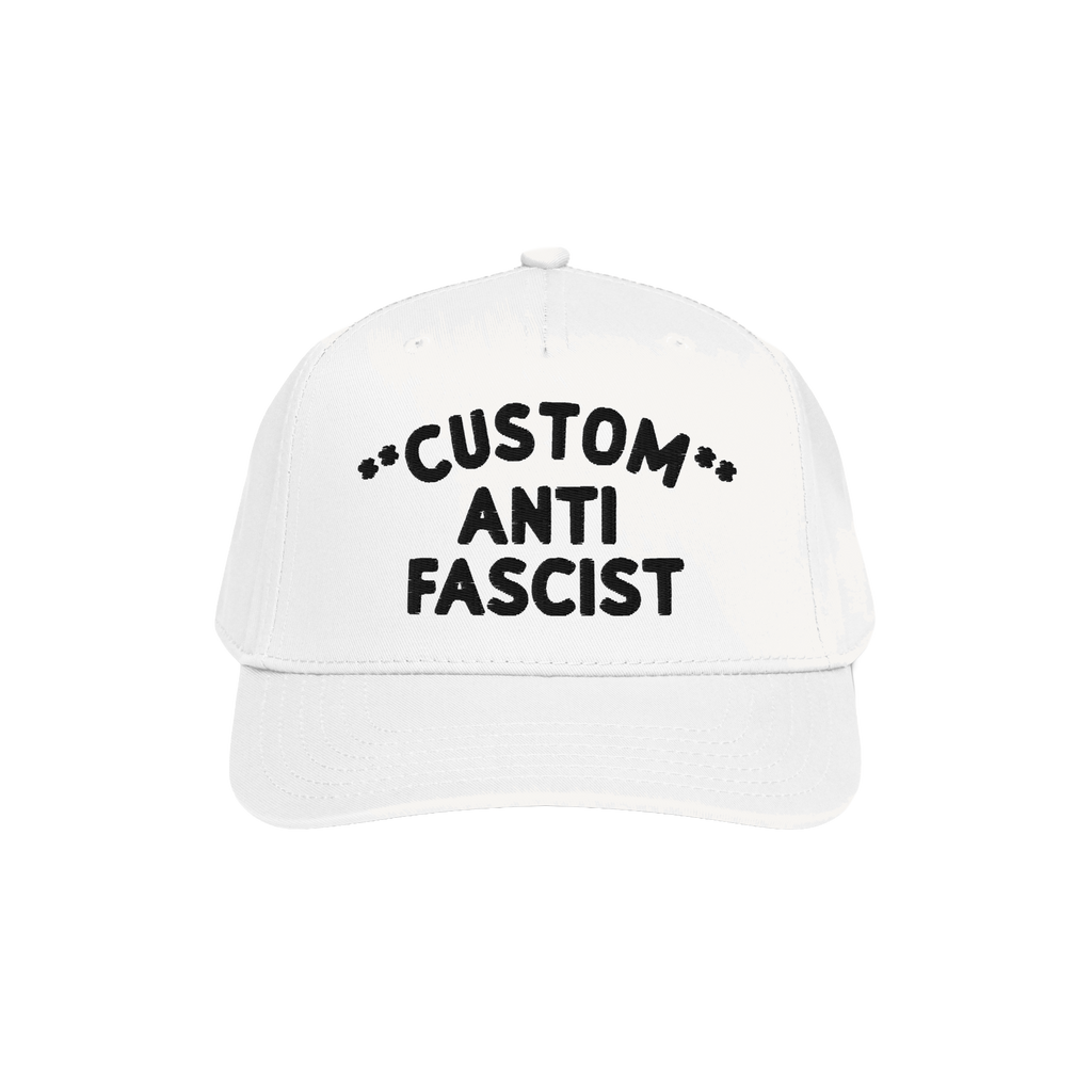 Custom Anti-Fascist 5-Panel Hat features bold black embroidered text on a white cap, blending activism with style. Ideal for 