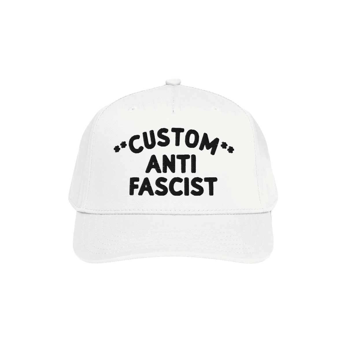 Custom Anti-Fascist 5-Panel Hat features bold black embroidered text on a white cap, blending activism with style. Ideal for 