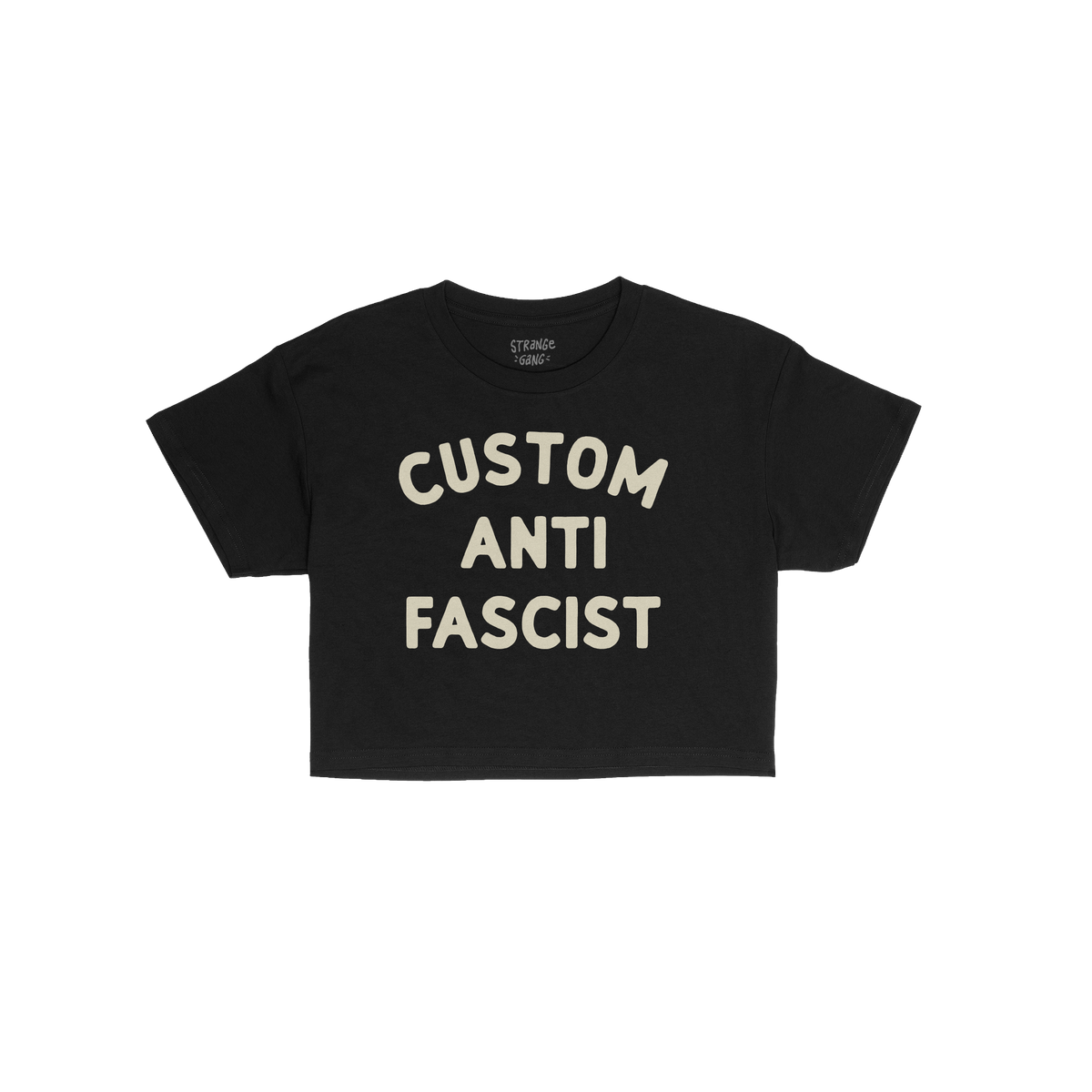Custom Anti-Fascist Women's Baby Tee featuring chunky off-white lettering, laid flat. This short-sleeved black T-shirt embodi