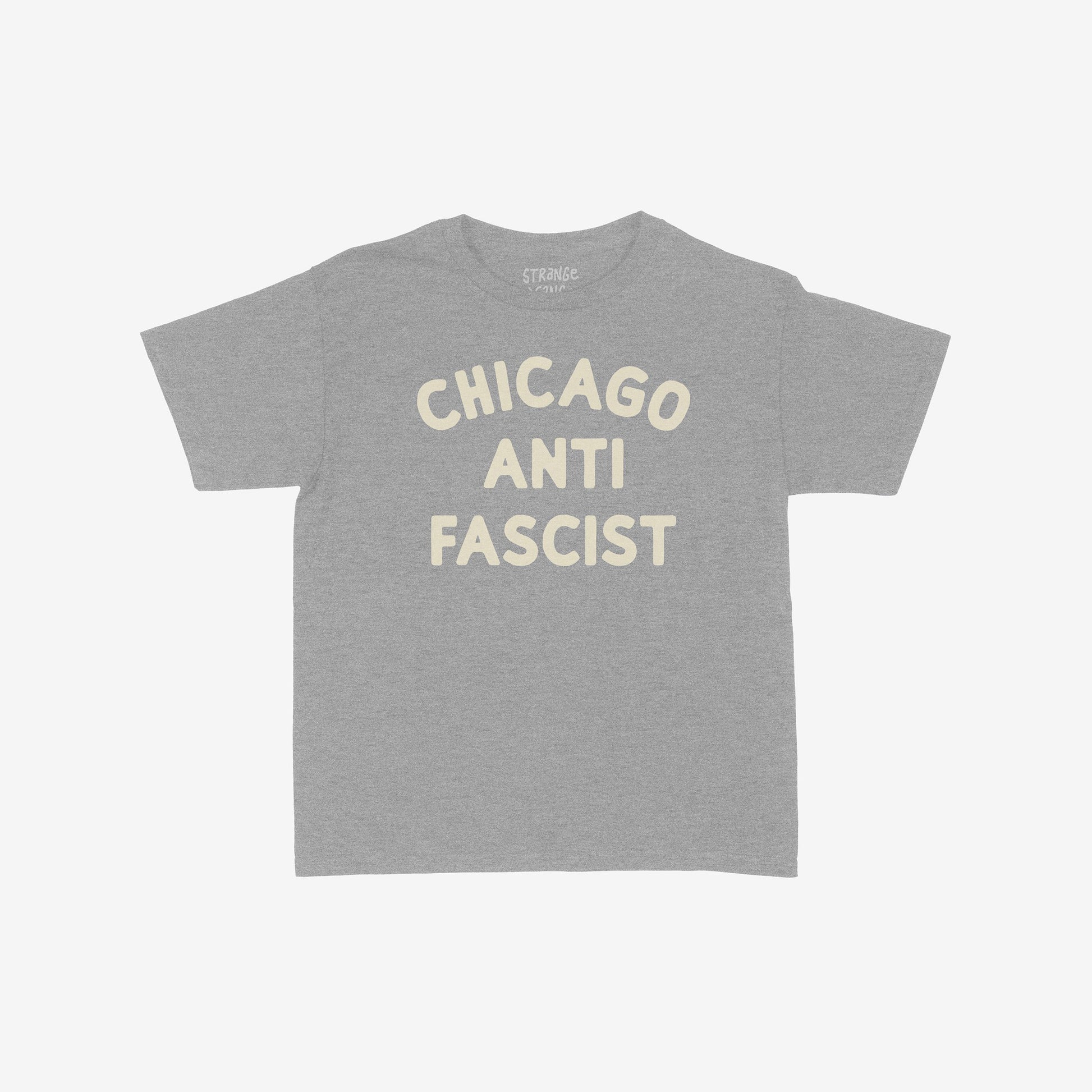 Custom Anti-Fascist Women's Baby Tee with CHICAGO ANTI FASCIST in a rounded block typeface, laid flat, showcasing its bold design perfect for expressing activism with a vintage, retro-inspired style.