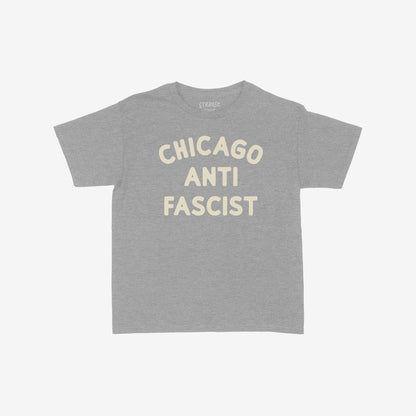 Custom Anti-Fascist Women's Baby Tee with CHICAGO ANTI FASCIST in a rounded block typeface, laid flat, showcasing its bold design perfect for expressing activism with a vintage, retro-inspired style.