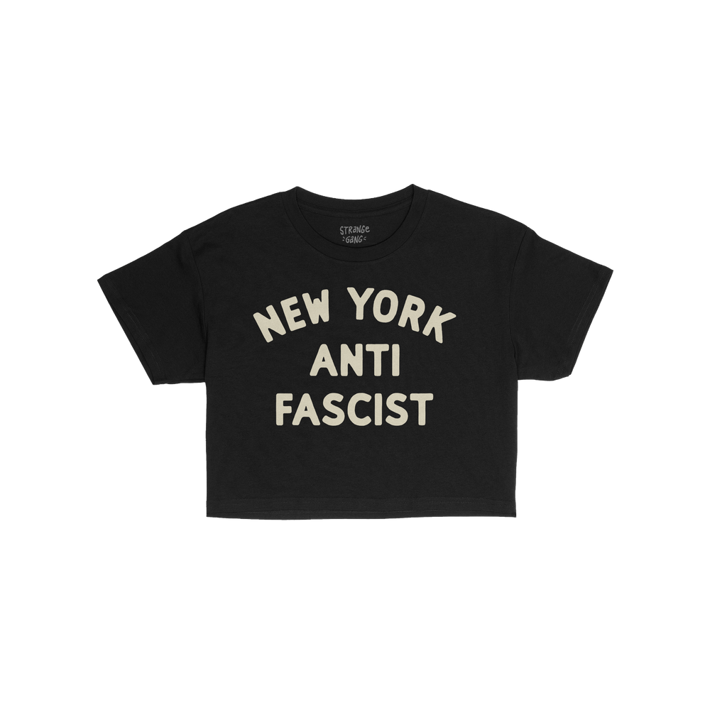 Custom Anti-Fascist Women's Baby Tee with CHICAGO ANTI FASCIST in a rounded block typeface, laid flat, showcasing its bold de