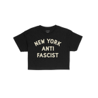 Custom Anti-Fascist Women's Baby Tee with CHICAGO ANTI FASCIST in a rounded block typeface, laid flat, showcasing its bold de