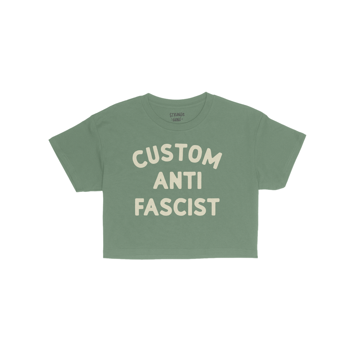 Custom Anti-Fascist Women's Baby Tee features bold cream lettering on a green, short-sleeve crop, promoting activism with a p