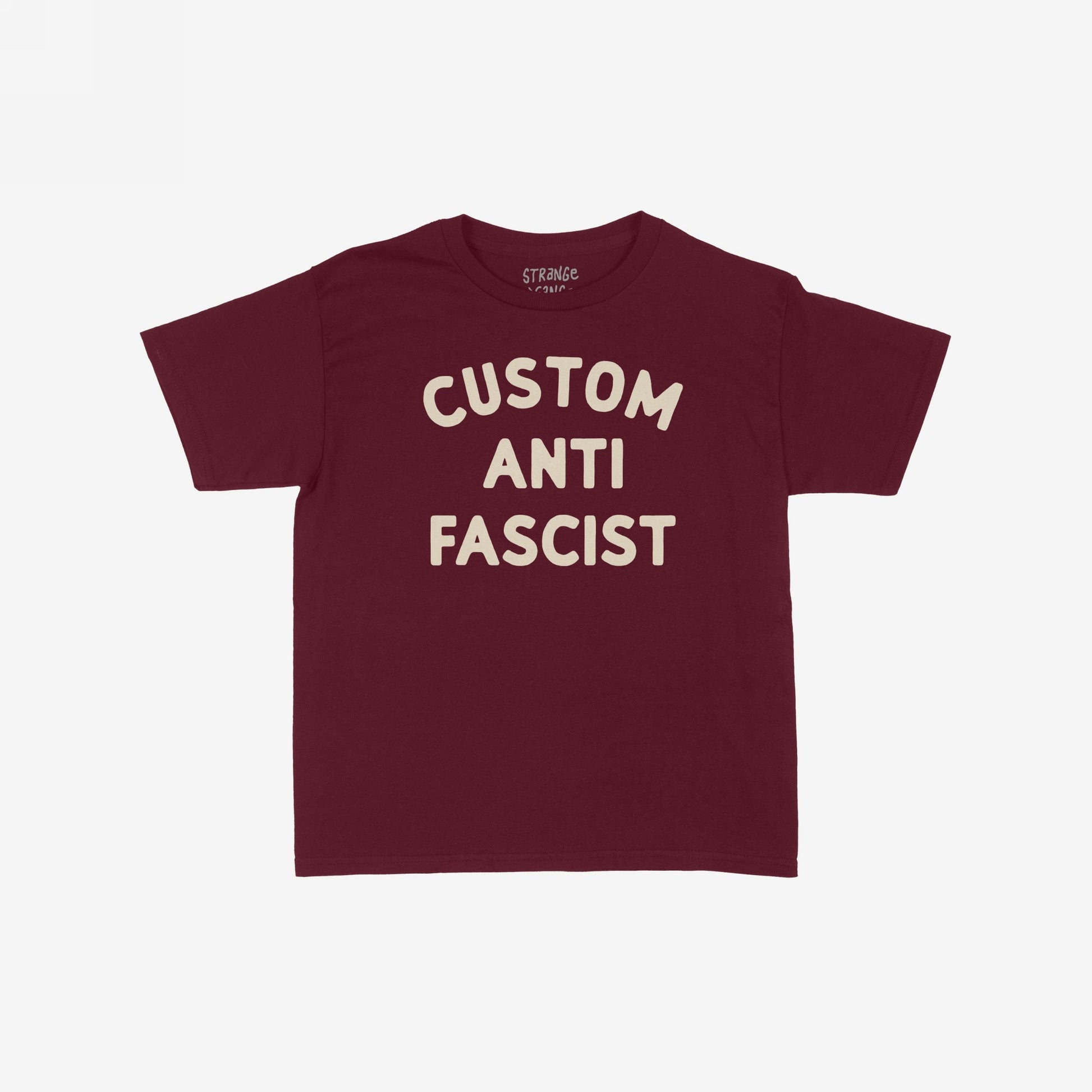 Custom Anti-Fascist Women's Baby Tee featuring bold off-white block letters. This cropped, fitted tee embodies activism, allowing personalization to showcase individuality. Perfect for expressing values with a vintage Y2K-inspired flair.