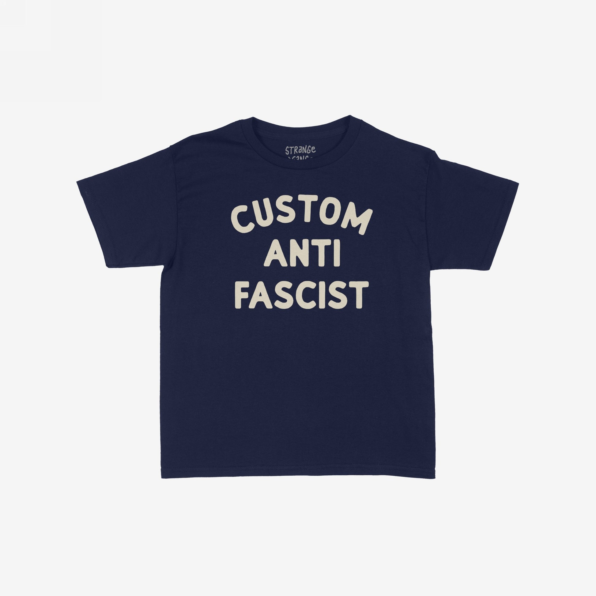 Custom Anti-Fascist Women's Baby Tee featuring CUSTOM ANTI FASCIST in off-white block letters on a navy-blue tee, offering a retro Y2K style perfect for expressing bold activism.