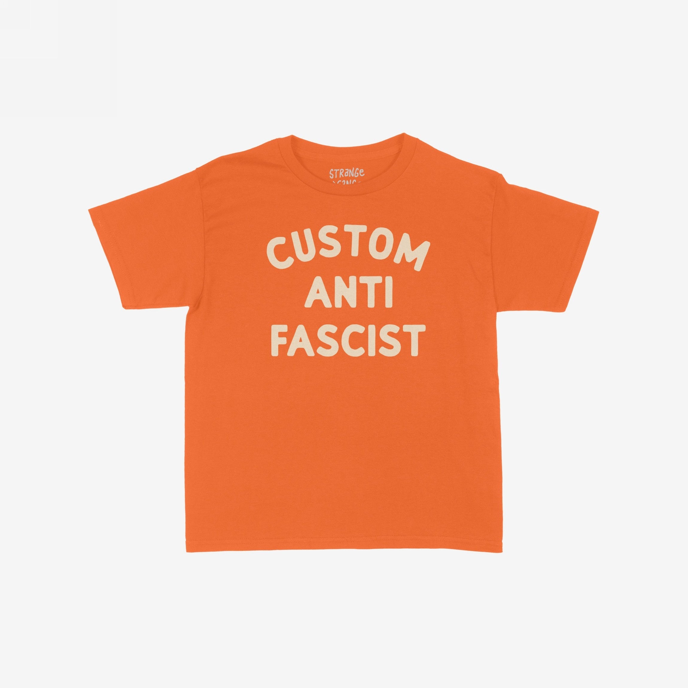 Custom Anti-Fascist Women's Baby Tee featuring cream block letters reading “CUSTOM ANTI FASCIST,” embodies activism with a retro Y2K vibe, perfect for expressing personal identity and supporting equality.