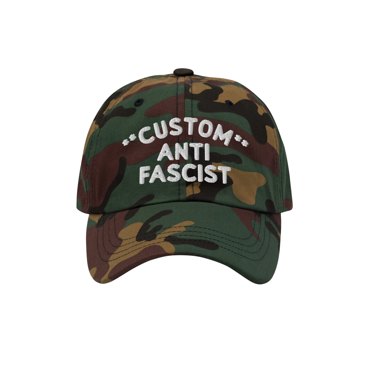 Custom Anti-Fascist Dad Hat with woodland camouflage print features white embroidered text, CUSTOM ANTI FASCIST, on the front