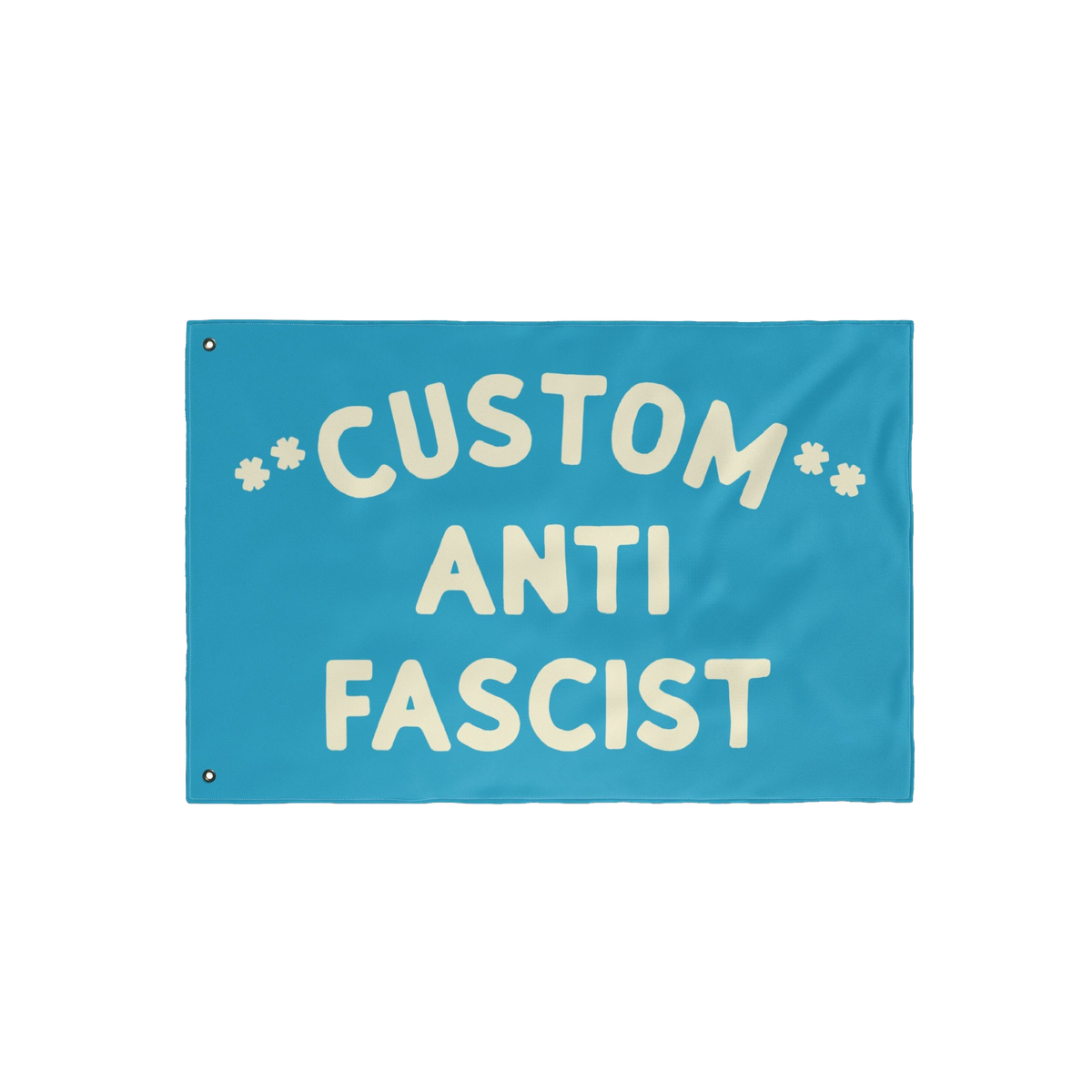 Custom Anti-Fascist Flag featuring bold, cream lettering on a bright-blue background with metal grommets for easy display, pe