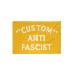Custom Anti-Fascist Flag featuring bold off-white text on a yellow background, with two metal grommets for hanging. Ideal for