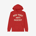 Custom Anti-Fascist Hoodie featuring bold NEW YORK ANTI FASCIST text on the chest, red pullover design with a front kangaroo pocket and drawstring hood, ideal for expressing activist values.
