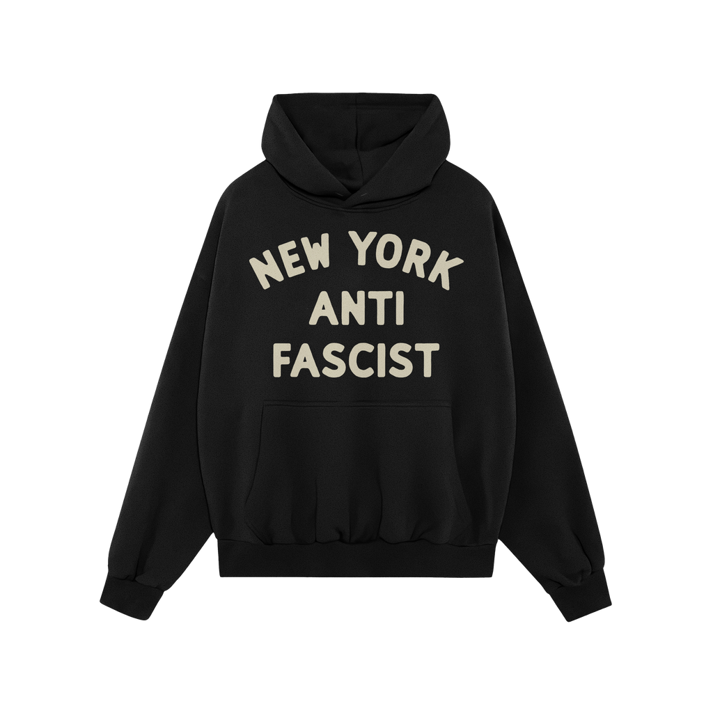 Custom Anti-Fascist Hoodie featuring bold NEW YORK ANTI FASCIST text on the chest, red pullover design with a front kangaroo