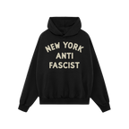 Custom Anti-Fascist Hoodie featuring bold NEW YORK ANTI FASCIST text on the chest, red pullover design with a front kangaroo