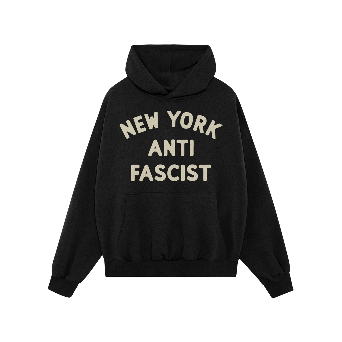 Custom Anti-Fascist Hoodie featuring bold NEW YORK ANTI FASCIST text on the chest, red pullover design with a front kangaroo