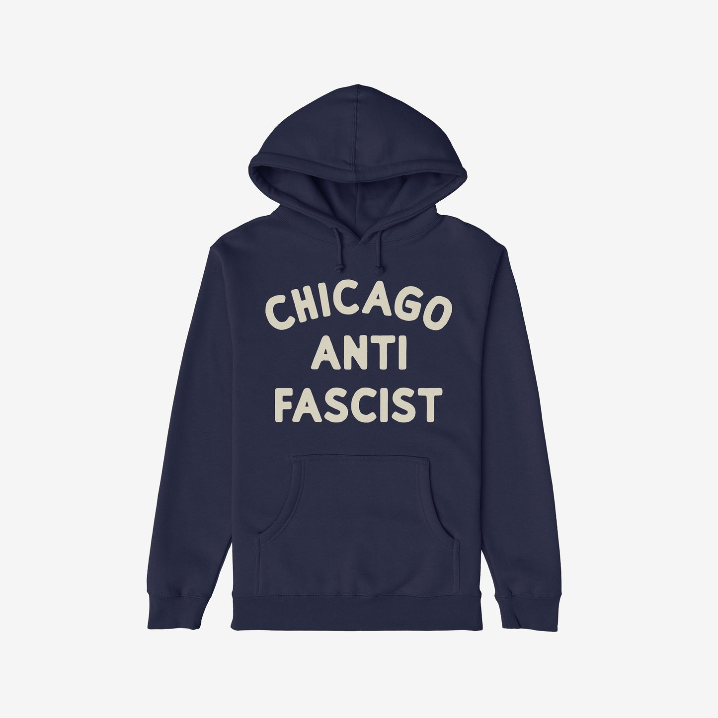 Custom Anti-Fascist Hoodie with CHICAGO ANTI FASCIST in off-white across the chest, featuring a front kangaroo pocket on a midweight design, ideal for expressing activist values comfortably.
