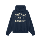 Custom Anti-Fascist Hoodie with CHICAGO ANTI FASCIST in off-white across the chest, featuring a front kangaroo pocket on a mi