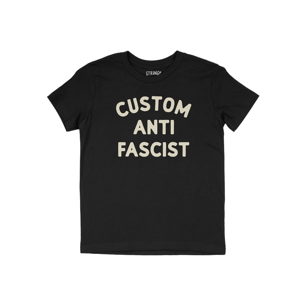Custom Anti-Fascist Kids T-shirt featuring CUSTOM ANTI FASCIST in bold letters. Ideal for young activists, this durable tee i