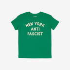 Custom Anti-Fascist Kids T-shirt featuring NEW YORK ANTI FASCIST in bold off-white letters on a simple, durable crew-neck design, ideal for young activists promoting equality and anti-fascism.