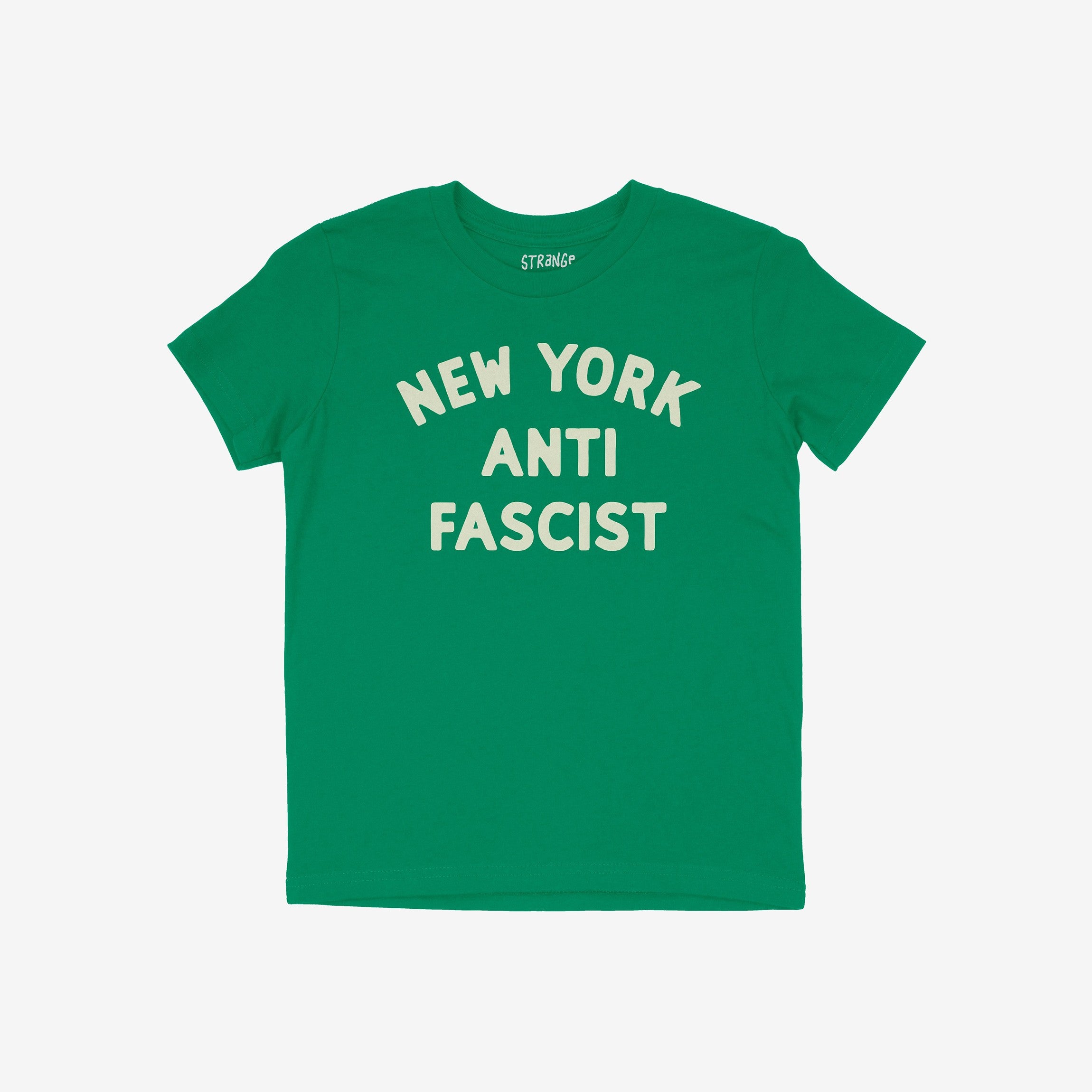 Custom Anti-Fascist Kids T-shirt featuring NEW YORK ANTI FASCIST in bold off-white letters on a simple, durable crew-neck design, ideal for young activists promoting equality and anti-fascism.