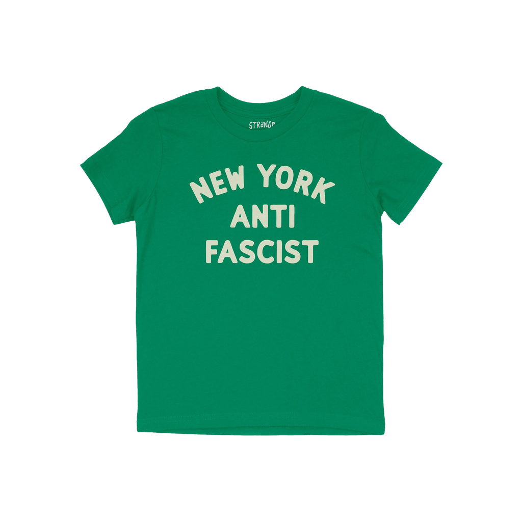 Custom Anti-Fascist Kids T-shirt featuring NEW YORK ANTI FASCIST in bold off-white letters on a simple, durable crew-neck des