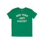 Custom Anti-Fascist Kids T-shirt featuring NEW YORK ANTI FASCIST in bold off-white letters on a simple, durable crew-neck des