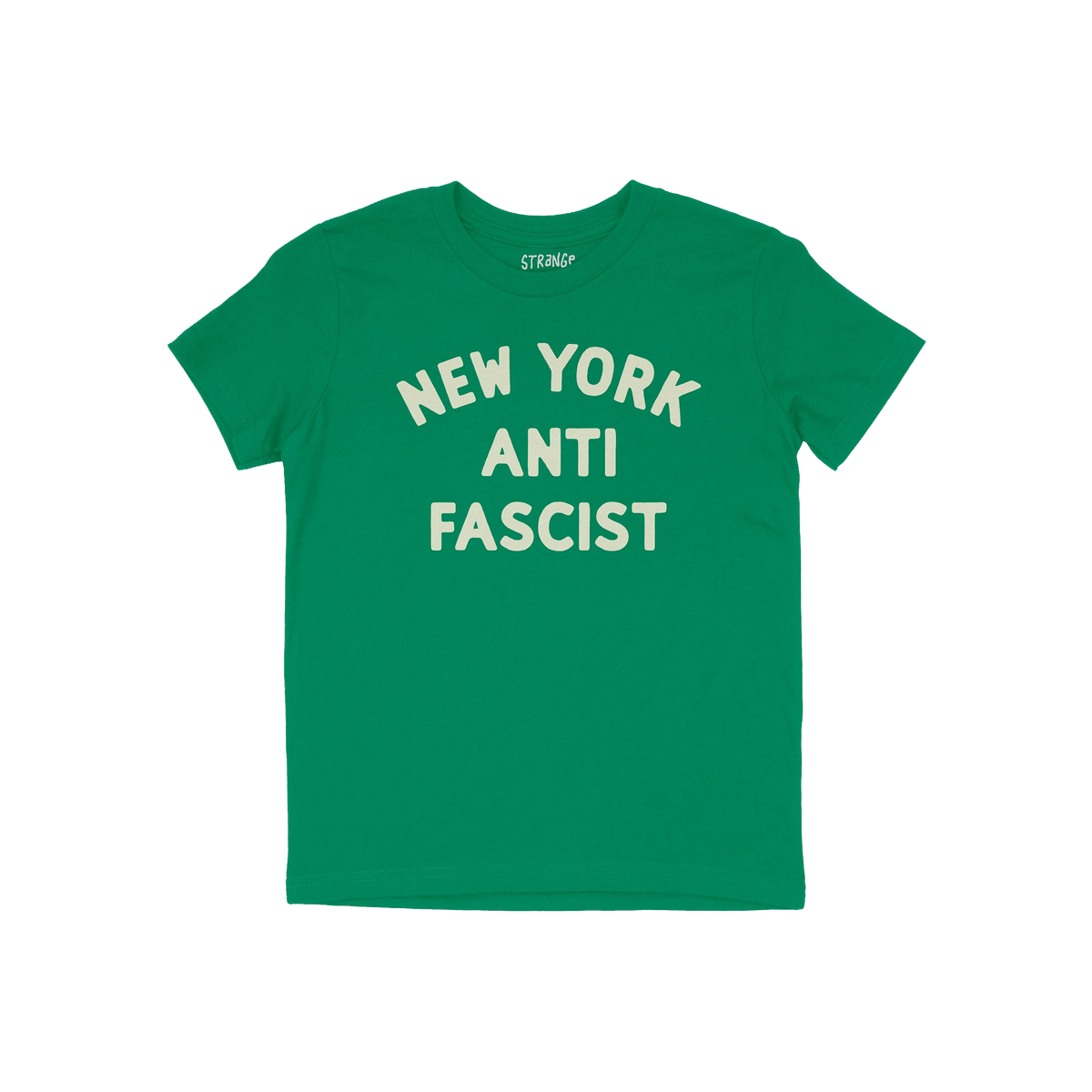 Custom Anti-Fascist Kids T-shirt featuring NEW YORK ANTI FASCIST in bold off-white letters on a simple, durable crew-neck des