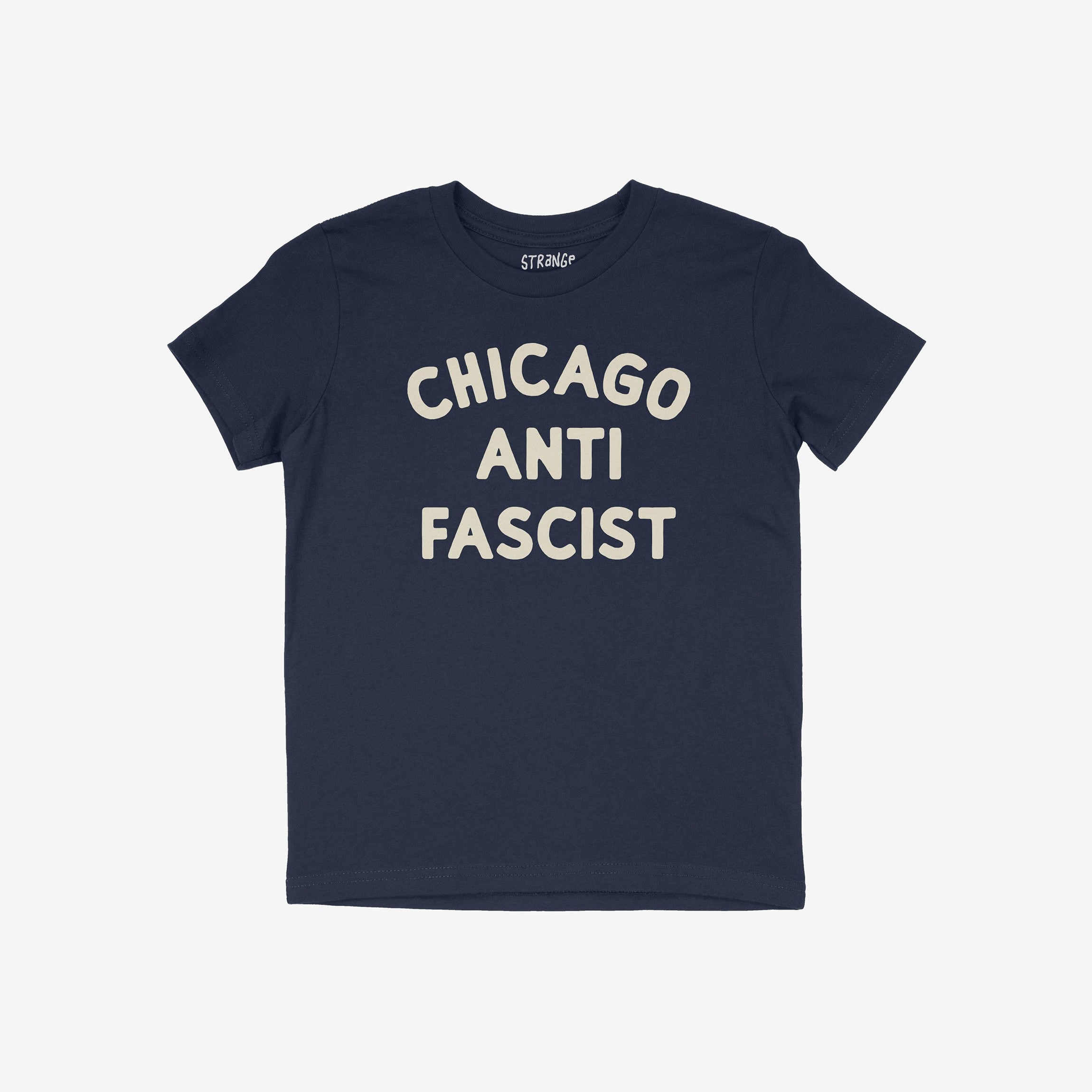 Custom Anti-Fascist Kids T-shirt featuring bold cream block lettering CHICAGO ANTI FASCIST on a navy-blue crew-neck tee, embodying activism and empowerment for young voices.