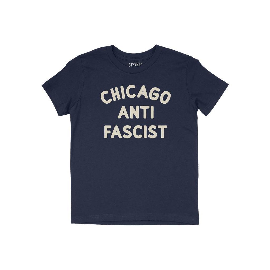 Custom Anti-Fascist Kids T-shirt featuring bold cream block lettering CHICAGO ANTI FASCIST on a navy-blue crew-neck tee, embo